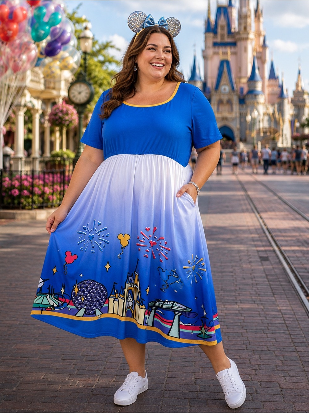Disney Inspired Theme Park Skyline Dress 2XL Castle Fireworks Balloon Pockets